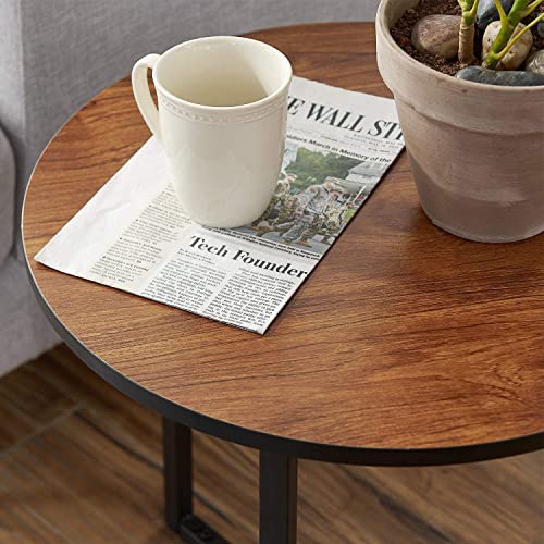 VECELO Round Coffee End Side Table for Living Room/Bedroom/Couch/Kitchen, Sturdy Nightstand Home Furniture with Metal Frame,Easy Assembly, Brown