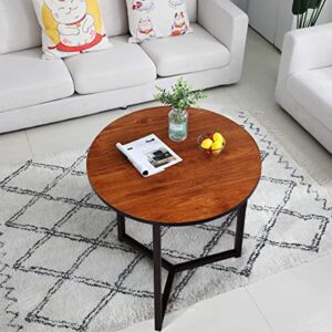 VECELO Round Coffee End Side Table for Living Room/Bedroom/Couch/Kitchen, Sturdy Nightstand Home Furniture with Metal Frame,Easy Assembly, Brown