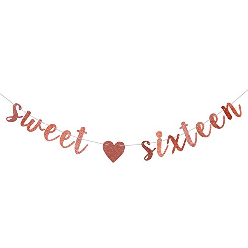 Rose Gold Glitter Sweet Sixteen Banner - Happy 16th Birthday Bunting Garlands/Happy Sweet 16/Cheers to 16 Years Old Party Decoration Supplies