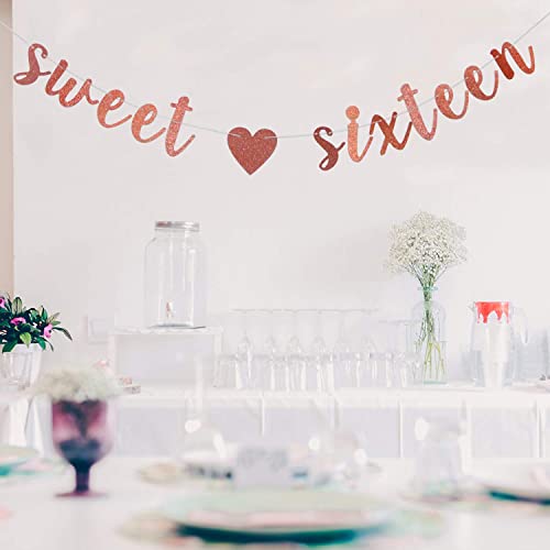 Rose Gold Glitter Sweet Sixteen Banner - Happy 16th Birthday Bunting Garlands/Happy Sweet 16/Cheers to 16 Years Old Party Decoration Supplies