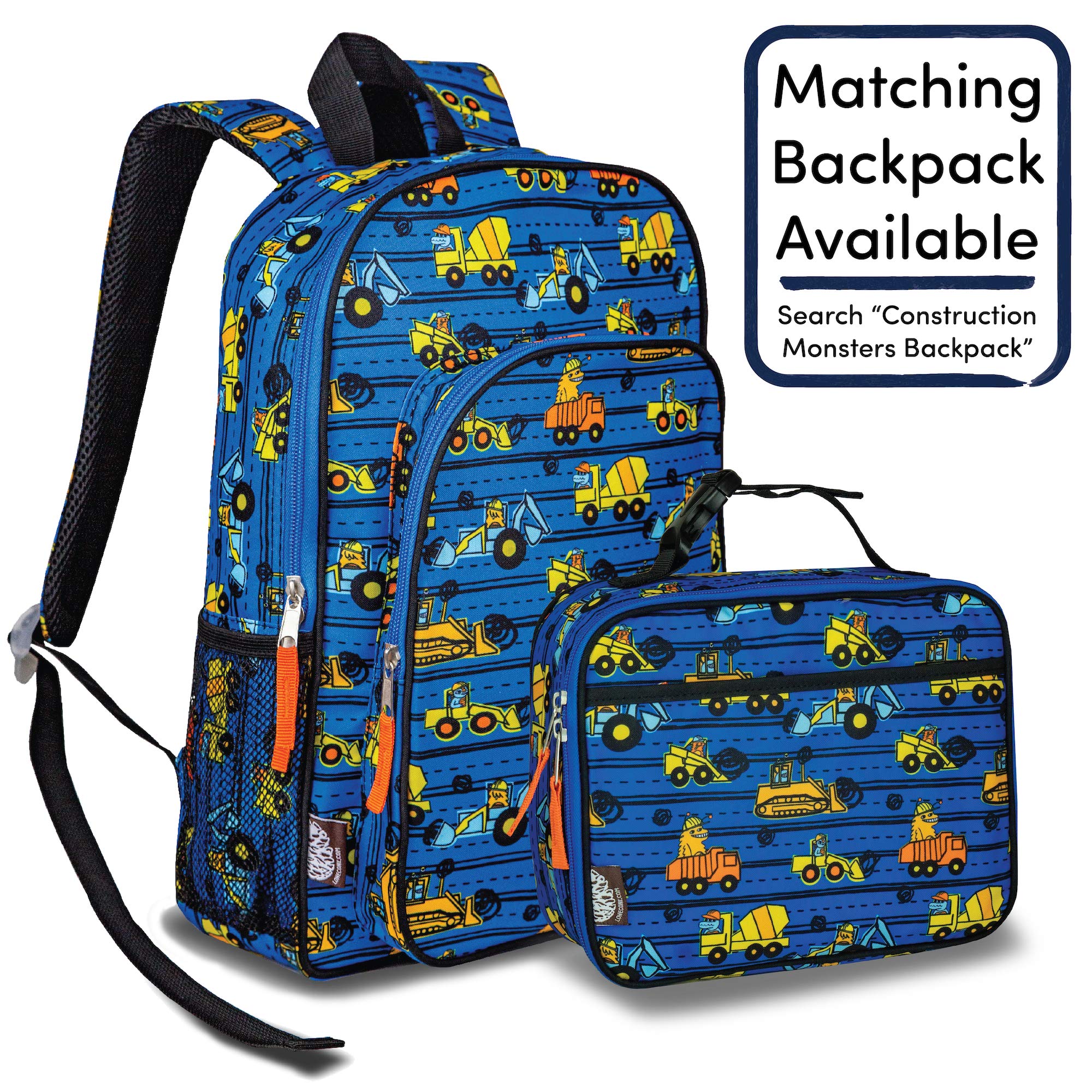 Lone Cone Kids' Insulated Lunch Box - Fun Patterns for Boys and Girls, Construction Monsters, Standard