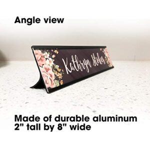 Personalized Custom Desk Name Plate Floral Pretty Roses 15 Font Styles Aluminum 2 x 8