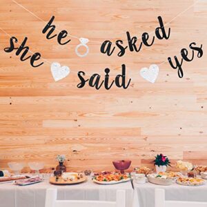 He Asked She Said Yes Banner, Black Glitter Bunting Sign for Engagement, Wedding, Bride to Be, Groom to Be, Bridal Shower, Valentine's Day Party Decorations Supplies