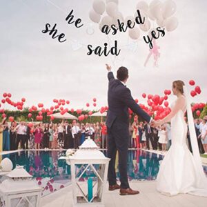 He Asked She Said Yes Banner, Black Glitter Bunting Sign for Engagement, Wedding, Bride to Be, Groom to Be, Bridal Shower, Valentine's Day Party Decorations Supplies