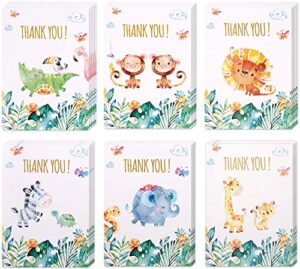 vns creations 30 safari thank you cards | bulk jungle animal thank you notes with matching envelopes & stickers | small & cute zoo notecards perfect for baby shower and kids birthday.