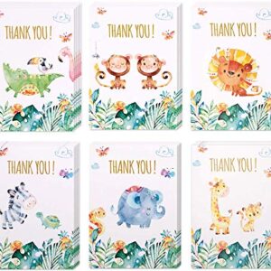 VNS Creations 30 Safari Thank You Cards | Bulk Jungle Animal Thank You Notes with Matching Envelopes & Stickers | Small & Cute Zoo Notecards Perfect for Baby Shower and Kids Birthday.