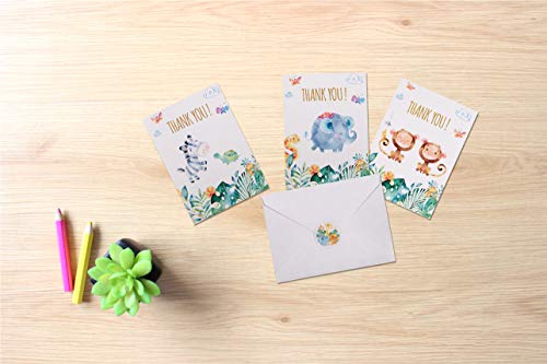 VNS Creations 30 Safari Thank You Cards | Bulk Jungle Animal Thank You Notes with Matching Envelopes & Stickers | Small & Cute Zoo Notecards Perfect for Baby Shower and Kids Birthday.