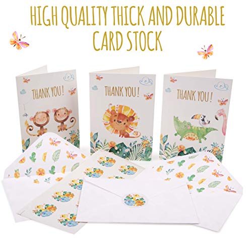 VNS Creations 30 Safari Thank You Cards | Bulk Jungle Animal Thank You Notes with Matching Envelopes & Stickers | Small & Cute Zoo Notecards Perfect for Baby Shower and Kids Birthday.