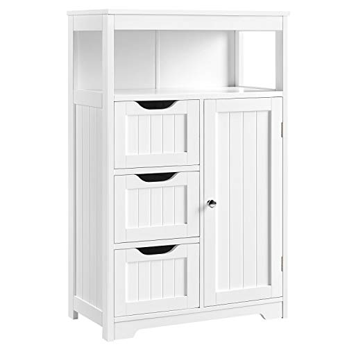 Yaheetech Bathroom Floor Cabinet Wooden Storage Organizer with 1 Door and 3 Drawers, Free-Standing Cupboard for Kitchen/Living Room/Bathroom Use, White