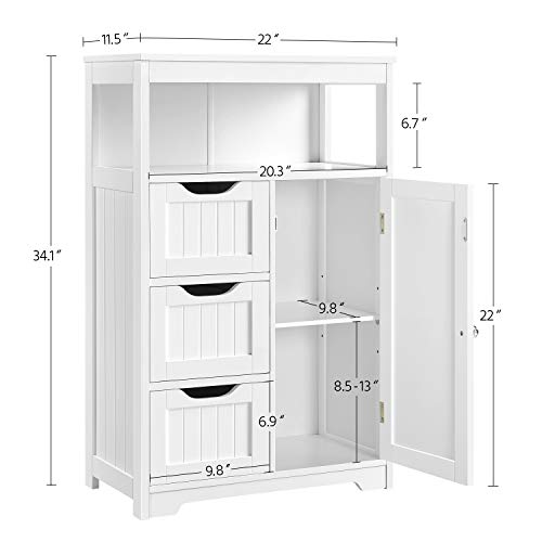 Yaheetech Bathroom Floor Cabinet Wooden Storage Organizer with 1 Door and 3 Drawers, Free-Standing Cupboard for Kitchen/Living Room/Bathroom Use, White