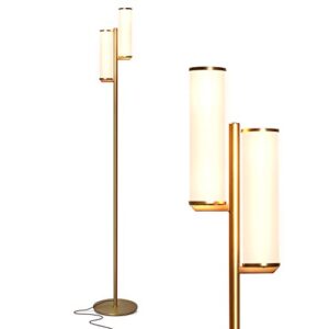 brightech gemini floor lamp, dimmable standing lamp with two lights for bedroom reading, modern tall tree lamp for offices, mid-century led lamp for living rooms, great living room decor - gold/brass
