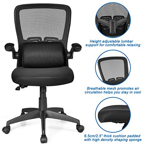 Giantex Ergonomic Desk Chair w/Portable Lumbar Pillow, Mesh Padded Seat and Flip up Armrests, Swivel Home Office Chair with Wheels, Adjustable Height Computer Desk Chair(Black)