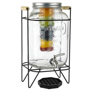 2 gallon glass beverage dispenser with ice and fruit infusers, metal wire stand with wooden handles, drip tray and stainless steel spigot- mason drink dispenser for iced tea, kombucha, infused water