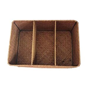 cabilock hand-woven basket seagrass seaweed woven storage box 3-compartments desktop organizer case for home bathroom office decor 32x22x11cm (yellow)