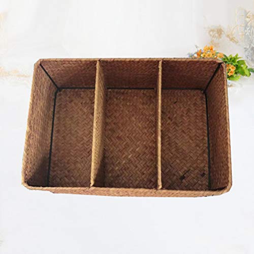 Cabilock Hand-Woven Basket Seagrass Seaweed Woven Storage Box 3-compartments Desktop Organizer Case for Home Bathroom Office Decor 32x22x11cm (Yellow)