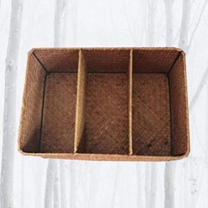 Cabilock Hand-Woven Basket Seagrass Seaweed Woven Storage Box 3-compartments Desktop Organizer Case for Home Bathroom Office Decor 32x22x11cm (Yellow)