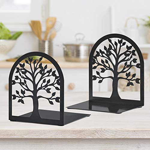 MAXFOUNDRY Bookends Pair - Book Ends to Hold Books, Tree of Life - Home, Office & Bookshelf Decorative Book Stopper - Rust-Proof Metal & Anti-Slip - Shelves Bookend Holder - Black