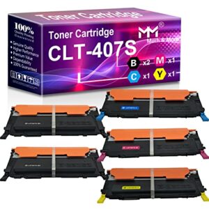 mm much & more compatible toner cartridge replacement for samsung 407s 409s clt-407s use with clx-3185fw 3185n clp-320n clp-321n clp-325w printers (5-pack, 2 black + cyan + magenta + yellow)