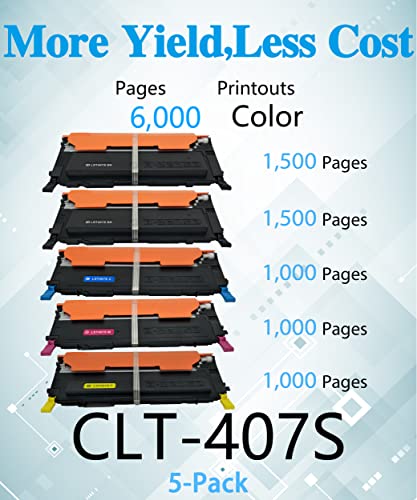 MM MUCH & MORE Compatible Toner Cartridge Replacement for Samsung 407S 409S CLT-407S use with CLX-3185FW 3185N CLP-320N CLP-321N CLP-325W Printers (5-Pack, 2 Black + Cyan + Magenta + Yellow)