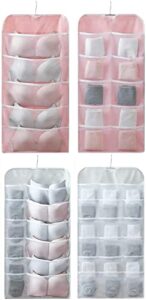 2 pcs bra hanging bag, cloth dual sided wall shelf wardrobe space saver bag for underwear bra socks storage hanging bags,with mesh pockets & rotating metal hanger, pink(5+10 grids)&gray(12+18 grids)