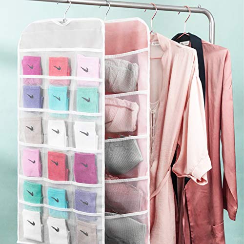 2 PCS Bra Hanging Bag, Cloth Dual Sided Wall Shelf Wardrobe Space Saver Bag for Underwear Bra Socks Storage Hanging Bags,with Mesh Pockets & Rotating Metal Hanger, Pink(5+10 Grids)&Gray(12+18 Grids)