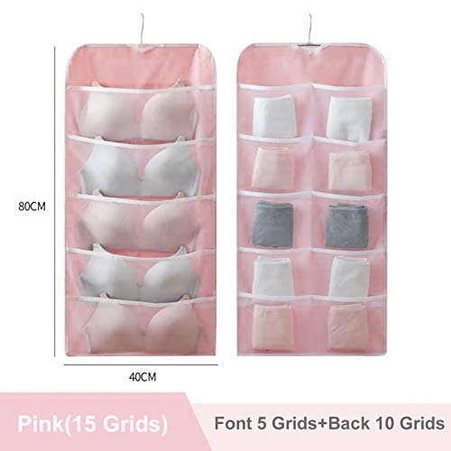 2 PCS Bra Hanging Bag, Cloth Dual Sided Wall Shelf Wardrobe Space Saver Bag for Underwear Bra Socks Storage Hanging Bags,with Mesh Pockets & Rotating Metal Hanger, Pink(5+10 Grids)&Gray(12+18 Grids)