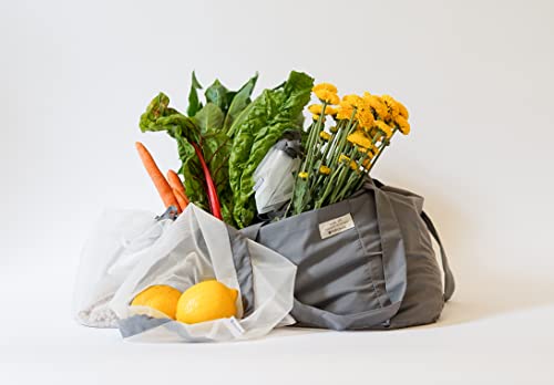 Full Circle Unise Reusuable Reusable Grocery Tote and 3 Reusable Produce Bags, Gray, Reusable Tote Market Bag