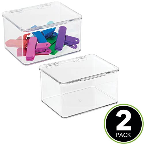 mDesign Plastic Kitchen Pantry and Fridge Storage Organizer Box Containers with Hinged Lid for Shelves or Cabinets, Holds Food, Snacks, Canned Drinks, Seasoning, Condiments, or Utensils, 2 Pack, Clear