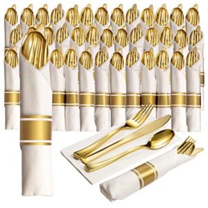 50 pre rolled gold plastic silverware - 200pc set, service for 50 - wrapped disposable silverware set with forks, knives, spoons, white napkins - fancy decorative flatware for dinner, party, wedding