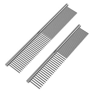cwxzstm pet steel combs dog cat comb tool for removing matted fur - pet dematting comb with rounded teeth and non-slip grip handle - prevents knots and mats for long and short haired pets,6.5in/7.4in