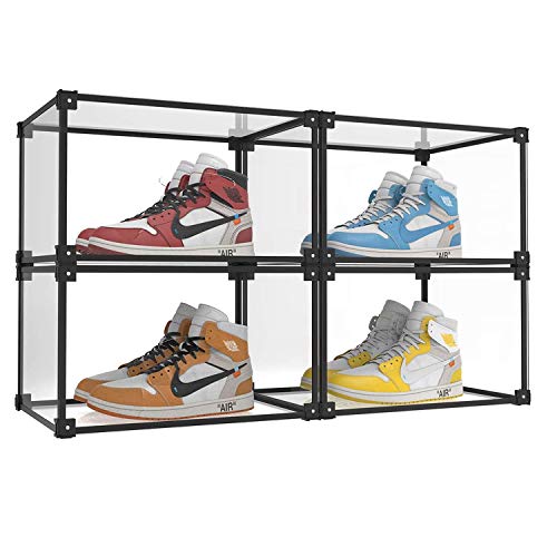 KOKOIN Magnetic Side Open Transparent Plastic Storage Shoe Box Clear Shoe Display Case Sneaker Shoe Storage Box Display Box Shoe Container Clear Closet Shelf Shoe Organizer (Black 4PC)