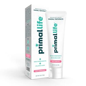 primal life organics - dirty mouth natural alkalizing toothpaste, hydroxyapatite, flavored essential oils, natural kaolin, bentonite clay, colloidal silver, organic, vegan (bubblegum flavor, 4oz)