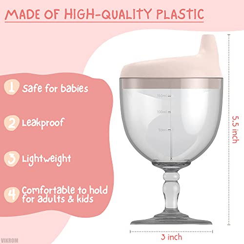 VIKROM Plastic Goblet Sippy Cup Wine Glass - 5oz Wine Glass Sippy Cup - No Spill Sippy Wine Glass with Lid Anti-fall Beverage Mug With Lid for Holiday Birthday Party (Beige)