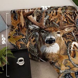 Dawhud Direct Camo Buck Deer Fleece Blanket for Bed, 75" x 90", Queen Size Woodland Fleece Throw Blanket for Men, Women and Kids - Super Soft Plush Deer Blanket Throw, Queen Size Blanket