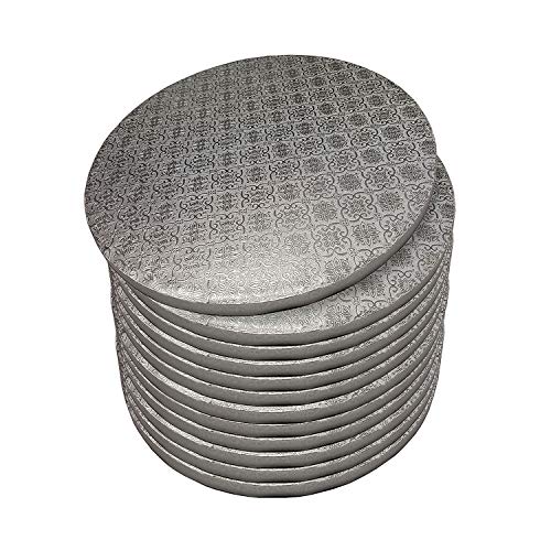 Spec101 Round Cake Boards Bulk 12pk - 12 Inch Cake Drum Round Silver Cardboard Base with 1/2 Inch Thick Smooth Foil Edge