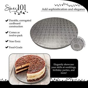 Spec101 Round Cake Boards Bulk 12pk - 12 Inch Cake Drum Round Silver Cardboard Base with 1/2 Inch Thick Smooth Foil Edge