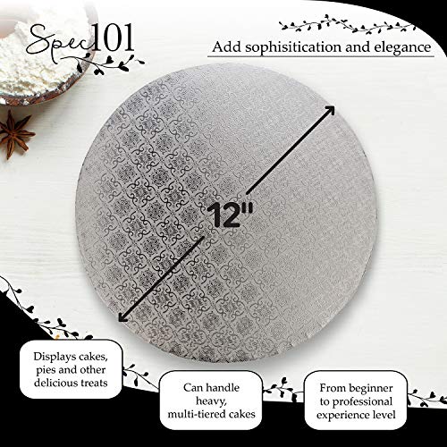 Spec101 Round Cake Boards Bulk 12pk - 12 Inch Cake Drum Round Silver Cardboard Base with 1/2 Inch Thick Smooth Foil Edge