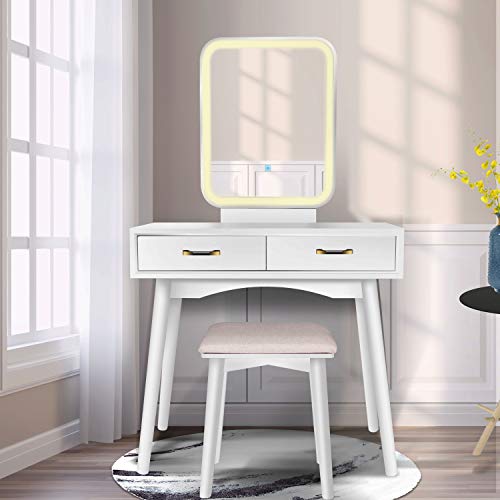 FUNKOCO Vanity Table Set with Lighted LED Touch Screen Dimming Mirror,Makeup Dressing Table with 2 Sliding Drawers, 1 Cushioned Stool for Bedroom, Bathroom (White)