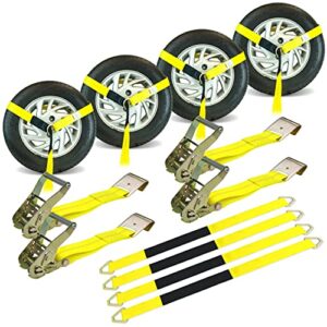 vulcan economy car tie down kit with 4 lasso straps, 4 flat hook ratchets, and 4 free 36 inch axle straps - 3,300 pound safe working load