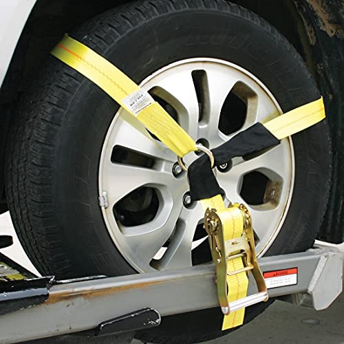 VULCAN Economy Car Tie Down Kit with 4 Lasso Straps, 4 Flat Hook Ratchets, and 4 Free 36 Inch Axle Straps - 3,300 Pound Safe Working Load