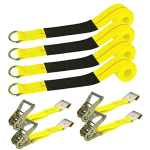 VULCAN Economy Car Tie Down Kit with 4 Lasso Straps, 4 Flat Hook Ratchets, and 4 Free 36 Inch Axle Straps - 3,300 Pound Safe Working Load