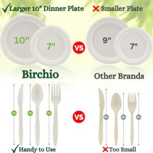 BIRCHIO 250 Piece Biodegradable Paper Plates Set (EXTRA LONG UTENSILS), Disposable Dinnerware Set, Eco Friendly Compostable Plates & Utensil include Plates, Forks, Knives and Spoons for Party