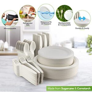 BIRCHIO 250 Piece Biodegradable Paper Plates Set (EXTRA LONG UTENSILS), Disposable Dinnerware Set, Eco Friendly Compostable Plates & Utensil include Plates, Forks, Knives and Spoons for Party