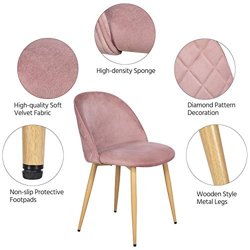 Yaheetech Velvet Dining Chairs Accent Kitchen Chair Living Room Chair for Vanity/Makeup/Leisure Upholstered Side Chairs with Soft Velvet Seat Backrest Metal Legs Set of 2, Pink