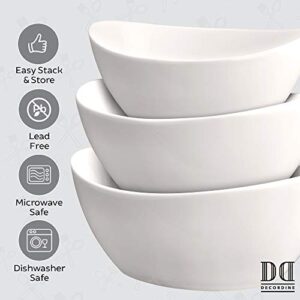 3 Piece Serving Bowl Set – Elegant White Porcelain Salad Bowls for Fruit, Salad, Pasta and Soup - Food Server Display Dishes for Party or Display - 24 oz. 34 oz. and 44 oz. - by DécorDine