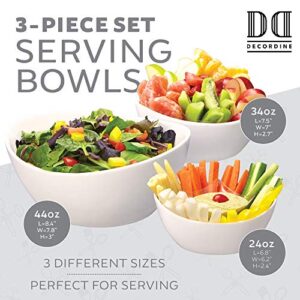 3 Piece Serving Bowl Set – Elegant White Porcelain Salad Bowls for Fruit, Salad, Pasta and Soup - Food Server Display Dishes for Party or Display - 24 oz. 34 oz. and 44 oz. - by DécorDine