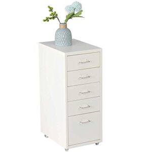 lonabr 5 drawer chest metal storage dresser cabinet with wheels & handle slim night table for home office cabinets,white