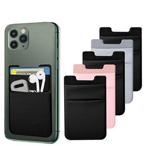shanshui card holder for back of phone, 5 pcs double cloth slim stretchy phone pocket pouch stick on id credit card wallet compatible for iphone 11 pro samsung galaxy s10 and more(black,grey,pink)