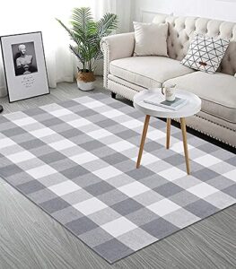 earthall buffalo plaid outdoor rug grey 3' x 5', cotton hand-woven checkered door mat, reversible foldable washable gray outdoor rug plaid for layered door mats porch/front door/living room