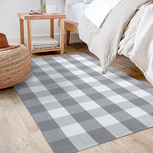 EARTHALL Buffalo Plaid Outdoor Rug Grey 3' x 5', Cotton Hand-Woven Checkered Door Mat, Reversible Foldable Washable Gray Outdoor Rug Plaid for Layered Door Mats Porch/Front Door/Living Room